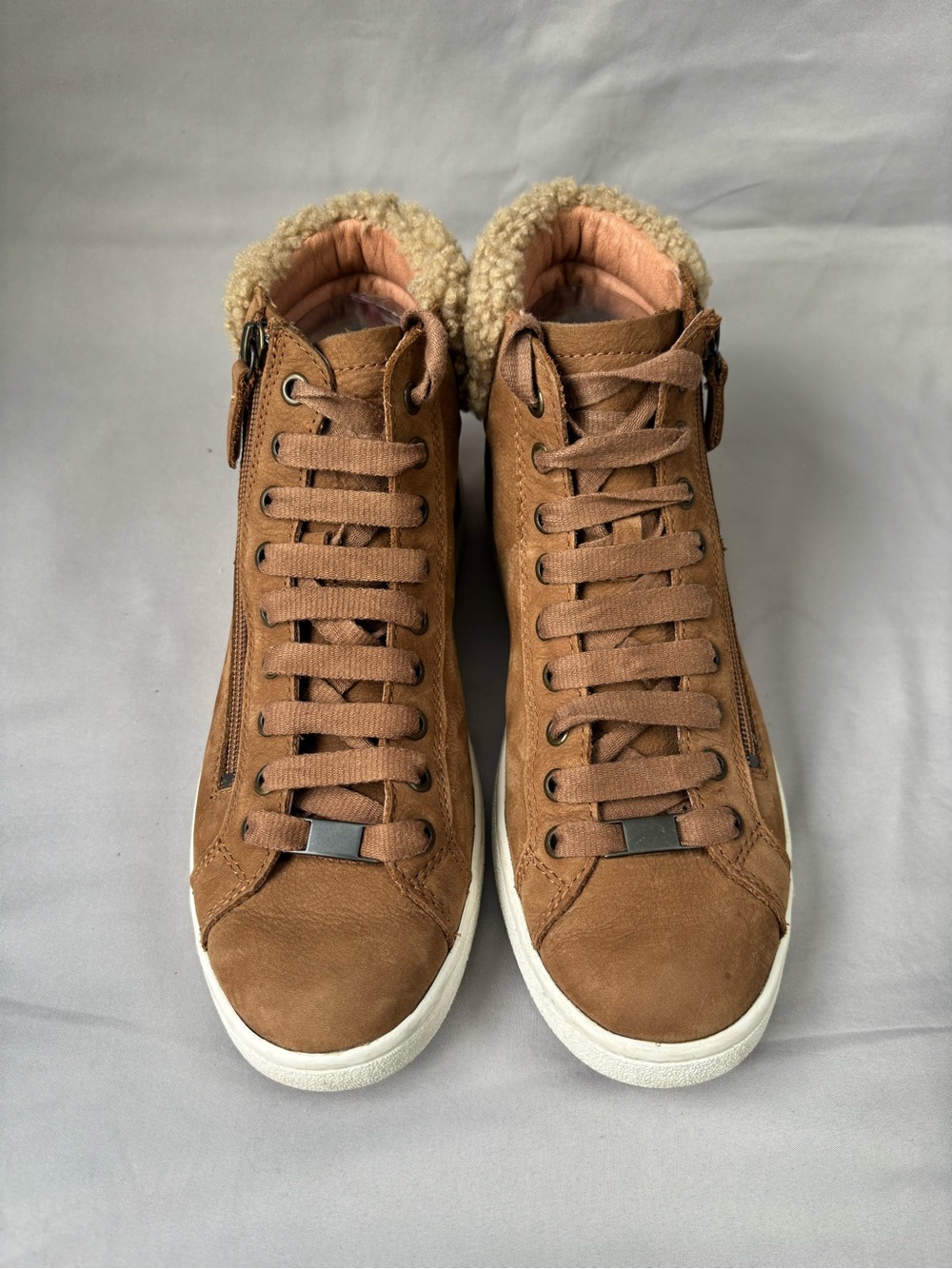 UGG Chestnut Brown Shearling-Trim High-Top Sneakers Size 9.5 - Picture 2 of 10